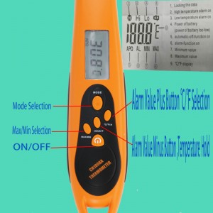Specht-Form-Hoch- / Tief-Temperatur-Warnungs-Alarm Hoch leistungsfähiges saftiges aseptisches Nahrungsthermometer mit gefalteter Sonde